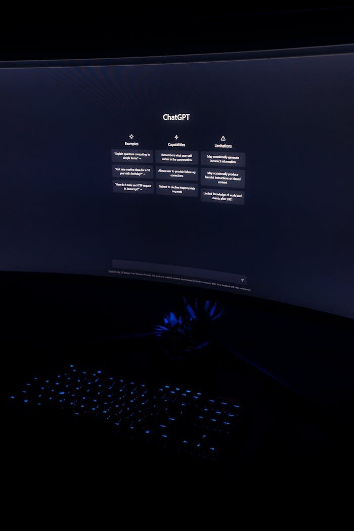 The Art of Drawing Readers In: Your attractive post title goes here Curved computer monitor displaying ChatGPT interface in a dimly lit room with a glowing keyboard.
